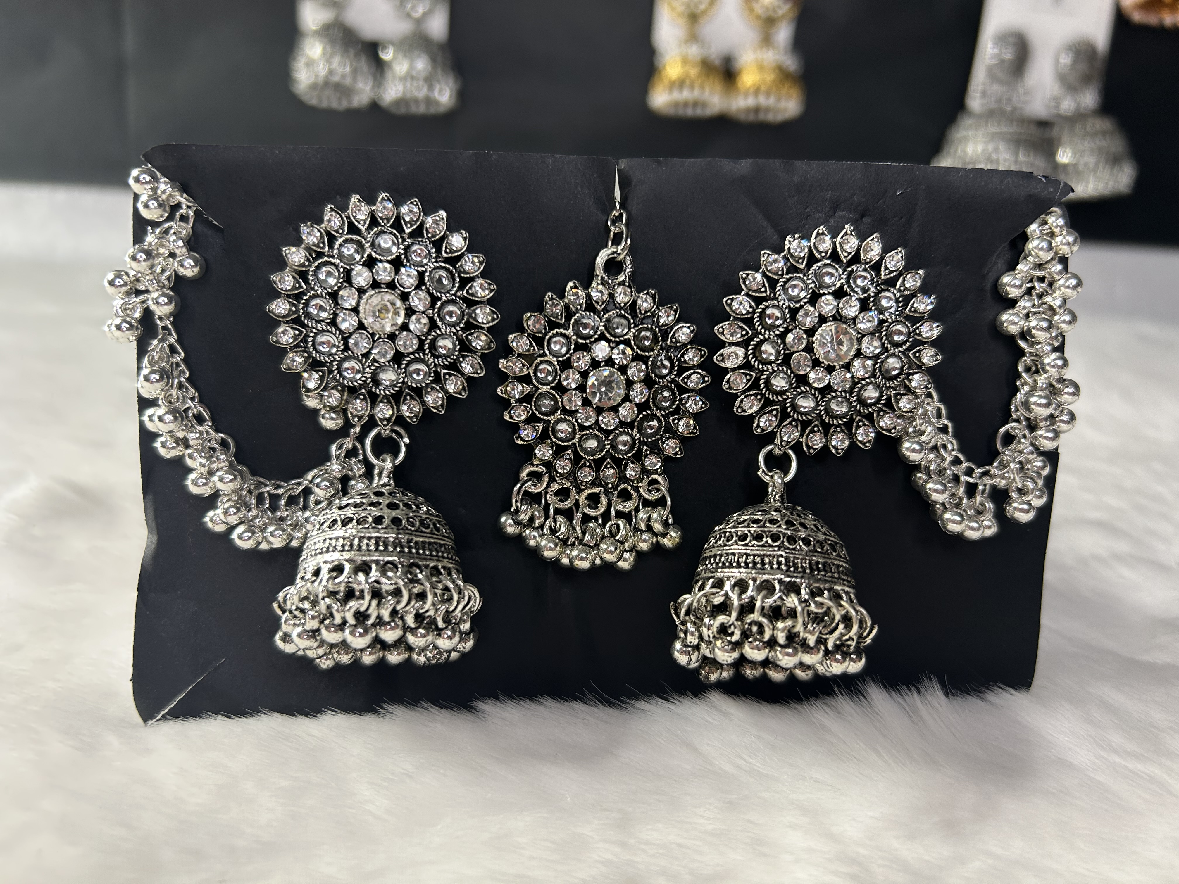 3-teiliges Silber Jhumka & Tikka Set